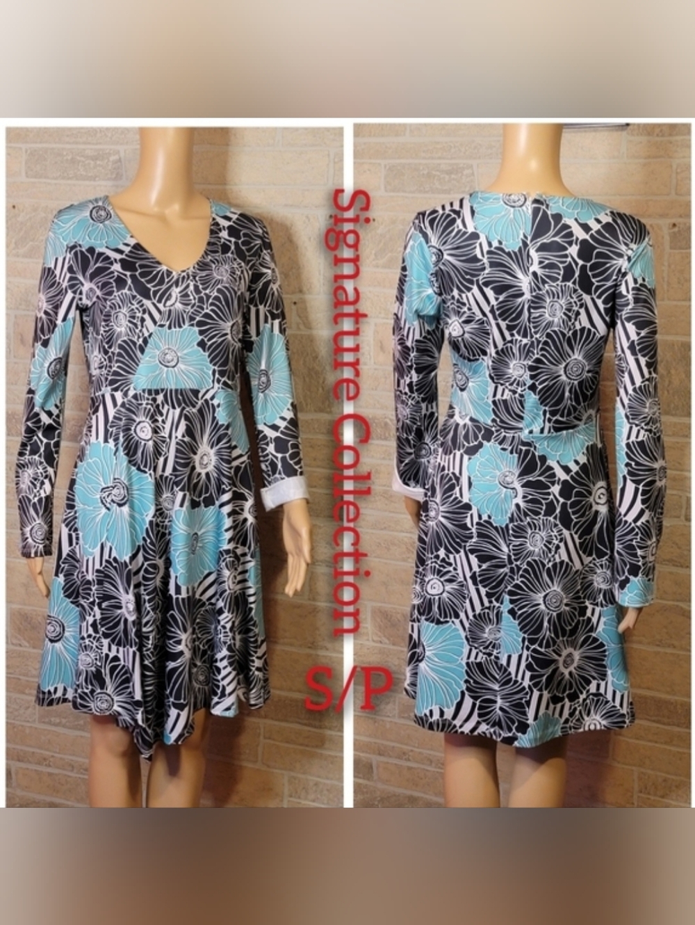 Signature Floral V-Neck Dress in Black, White & Aqua